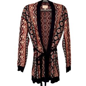 Under Skies Aztec Tribal Dark Red Navy Blue Belted Open Cardigan Size L Boho